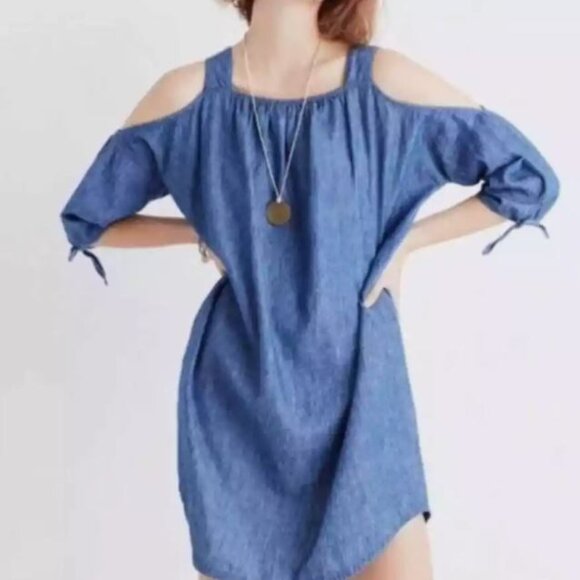 Madewell Dress Linen/Cotton with Cold Shoulders Chambray Dress Size Med - Picture 1 of 16